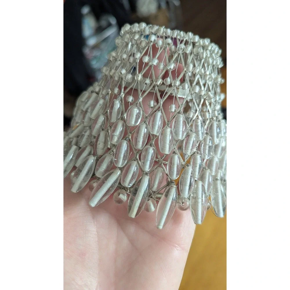 Vintage Beaded Wire Mesh Lamp Shade Clear Glass Teardrop Chandelier Cover 4.5in